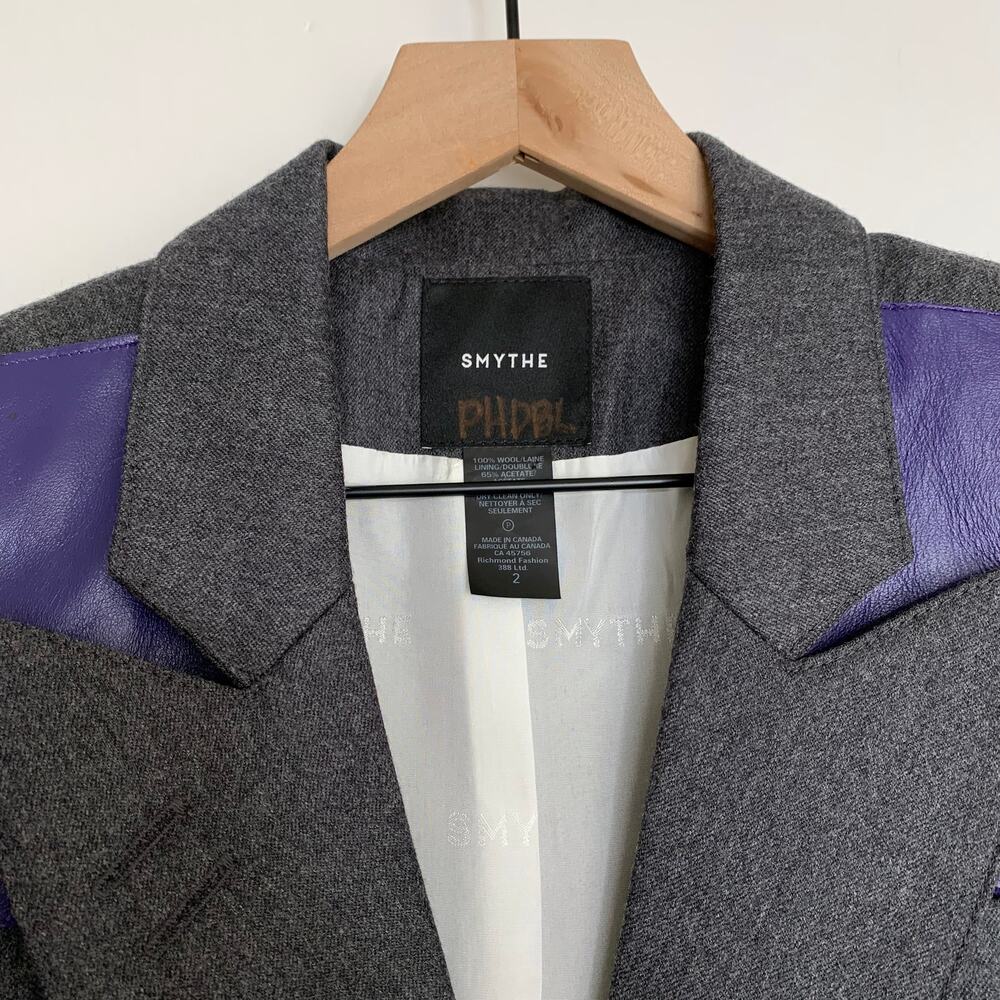 Smythe Tailored Blazer Charcoal Wool Blazer Purple Contrast Panels Womens 2 - Picture 14 of 16